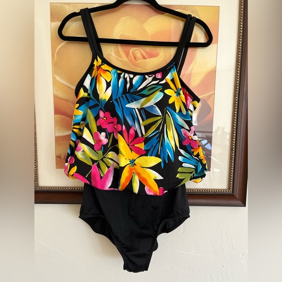 Maxine of Hollywood Black Tropical Floral Swim One Piece - Picture 1 of 8